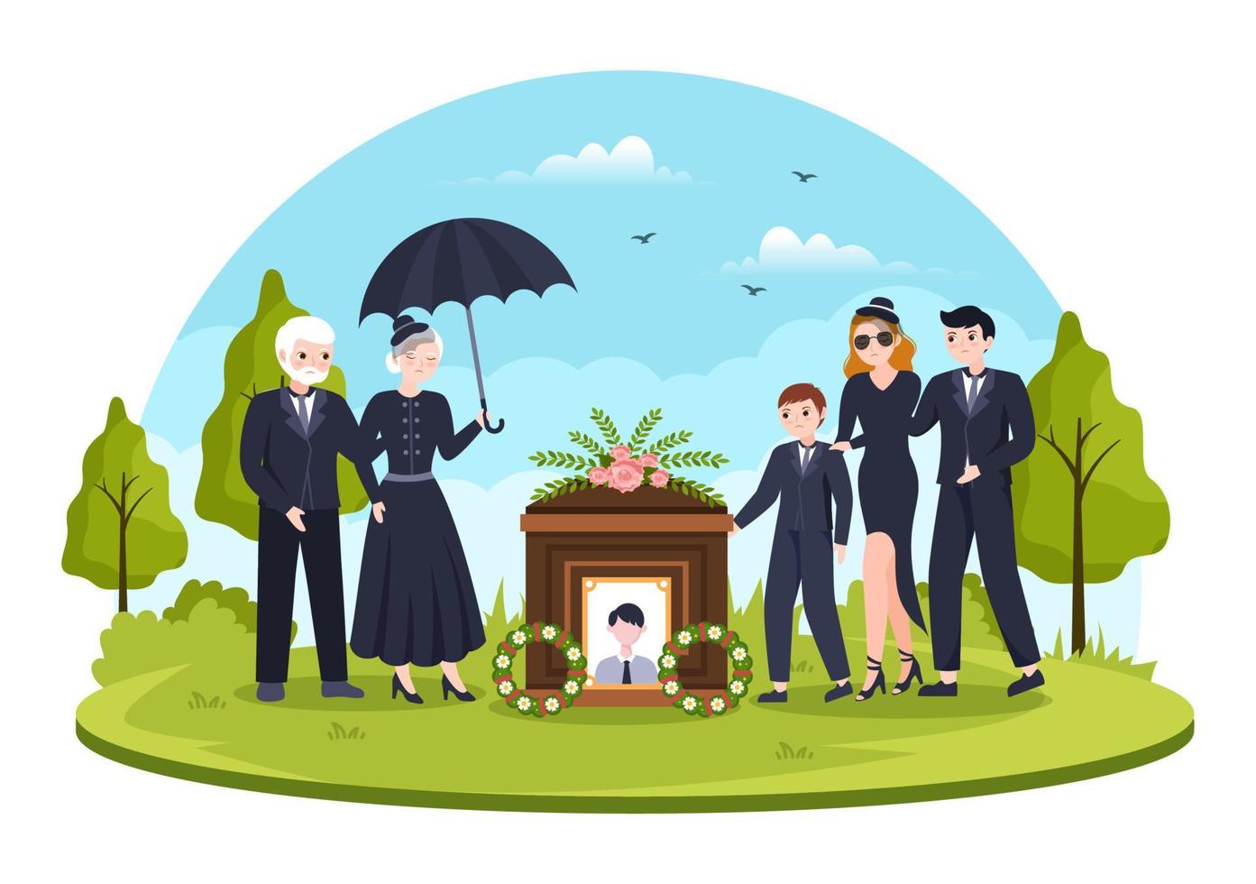 ceremonia fúnebre en la tumba de personas tristes vestidas de negro de pie y corona alrededor del ataúd en ilustración de plantilla dibujada a mano de caricatura plana vector