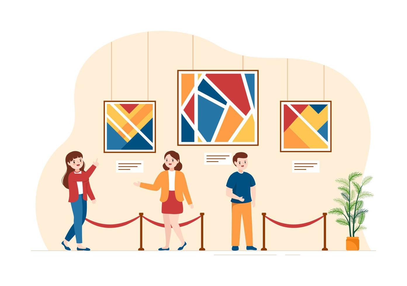 Art Gallery on Museum of Exhibition Visitors Viewing Modern Abstract Paintings at Contemporary and Photo in Flat Cartoon Hand Template Illustration vector