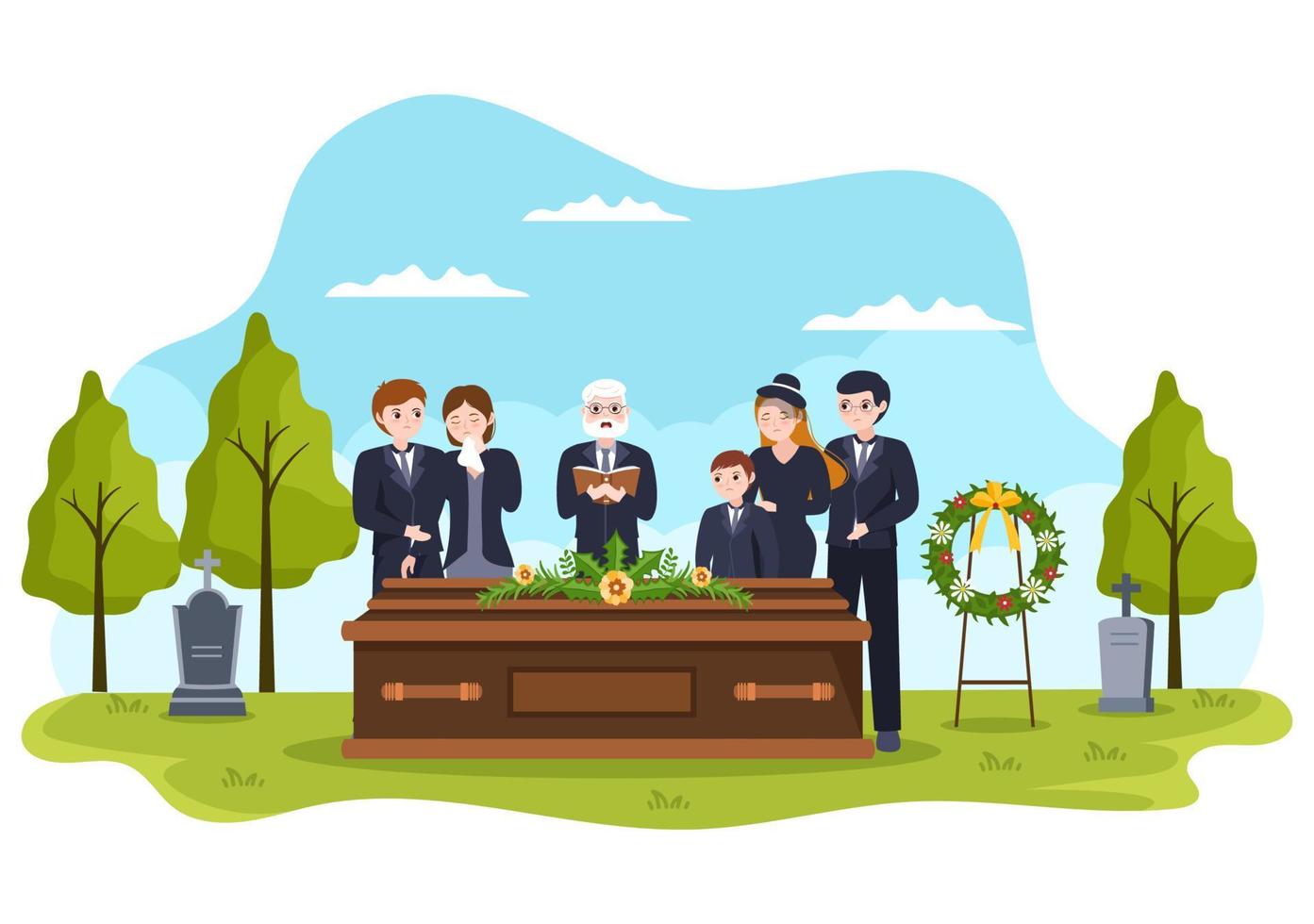 ceremonia fúnebre en la tumba de personas tristes vestidas de negro de pie y corona alrededor del ataúd en ilustración de plantilla dibujada a mano de caricatura plana vector