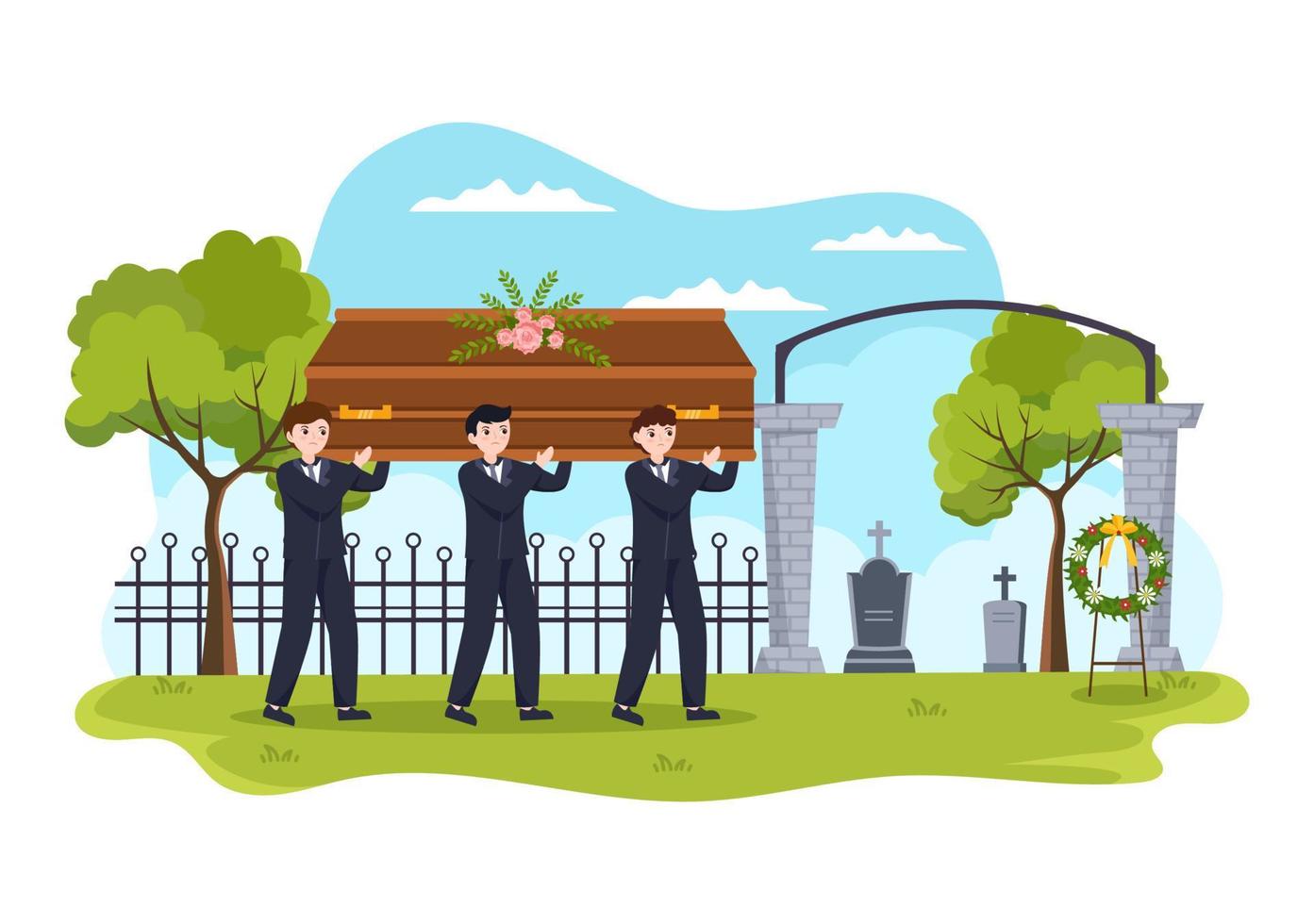 ceremonia fúnebre en la tumba de personas tristes vestidas de negro de pie y corona alrededor del ataúd en ilustración de plantilla dibujada a mano de caricatura plana vector