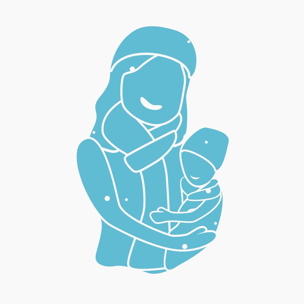 Editable Flat Monochrome Style Oblique View of Woman Carrying a Child on Winter Season Vector Illustration for Artwork Element of Mother's Day or Womanhood Related Design