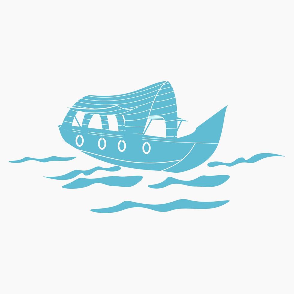 Editable Isolated Oblique View Flat Monochrome Style Indian Kerala Houseboat Backwater on Wavy Lake Vector Illustration for Artwork Element of Transportation or Recreation of Hindustan Related Design