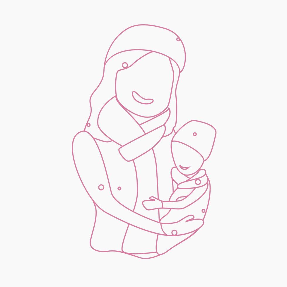 Editable Outline Style Oblique View of Woman Carrying a Child on Winter Season Vector Illustration for Artwork Element of Mother's Day or Womanhood Related Design