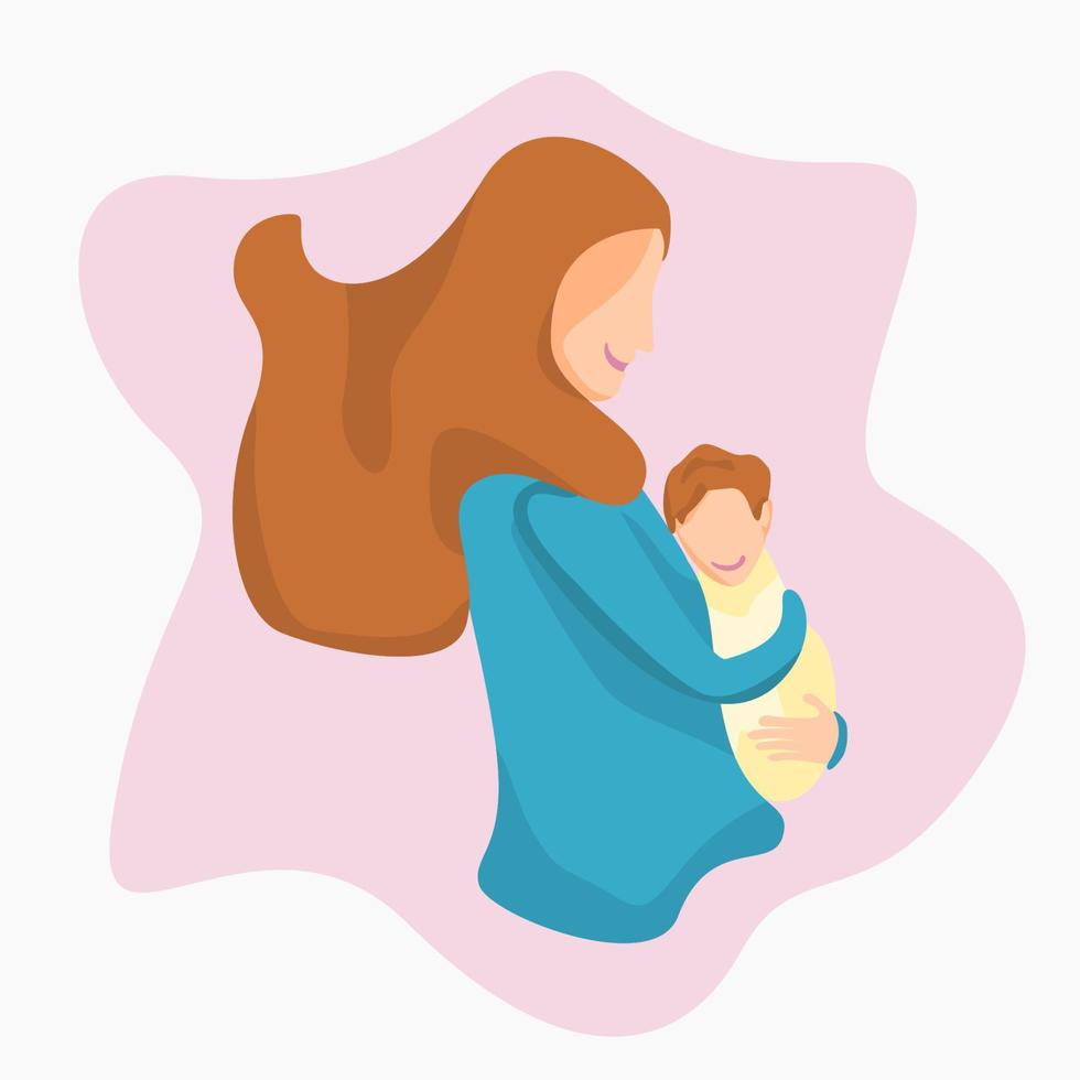 Editable Flat Style Side View of Woman Carrying a Kid Vector Illustration for Artwork Element of Mother's Day or Womanhood Related Design