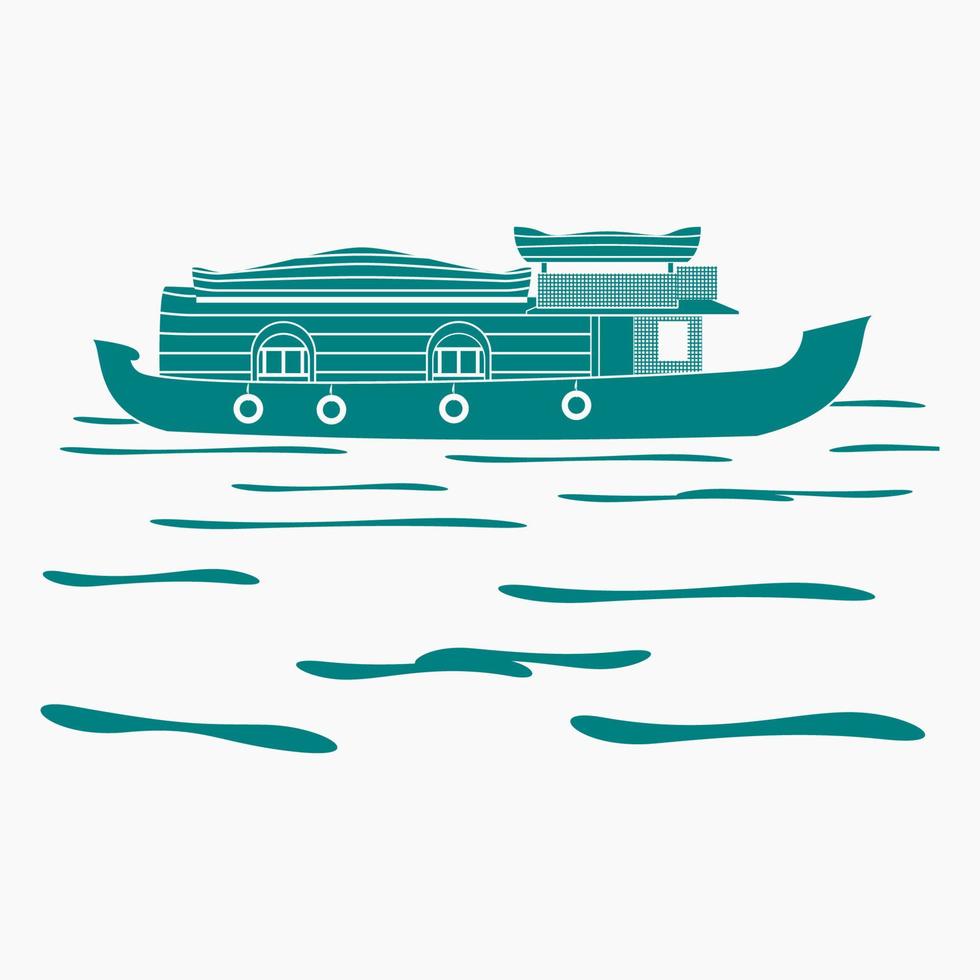 Editable Isolated Side View Flat Monochrome Style Indian Kerala Houseboat Backwater on Wavy Lake Vector Illustration for Artwork Element of Transportation or Recreation of Hindustan Related Design