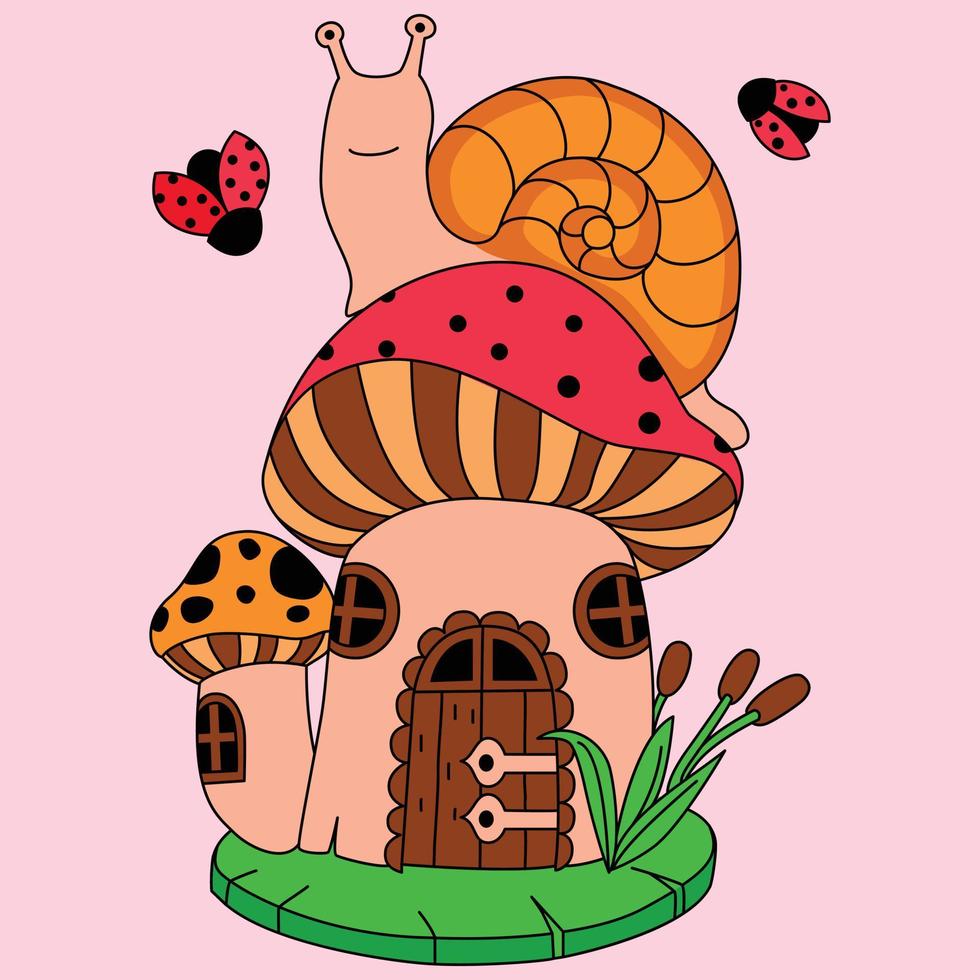 A big snell on the top of the mushroom house with ladybugs coloring illustration vector artwork