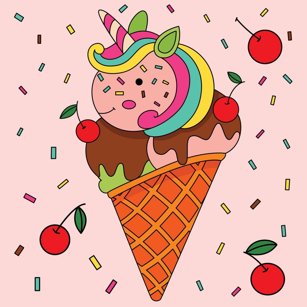 Delicacy Unicorn corn ice cream with chocolate and cherry fruit decorated background vector artwork