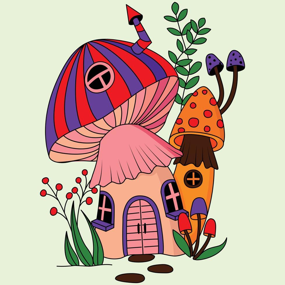 linda casa de hongos con decoración de flores para colorear ilustraciones vectoriales vector
