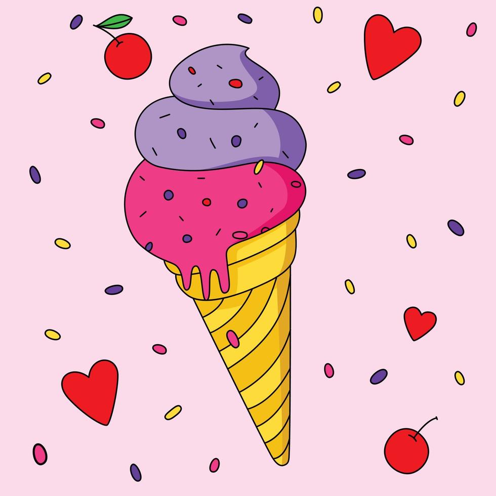 helado colorido fresco con chocolate y fruta de cereza decorada ilustración de arte vectorial vector