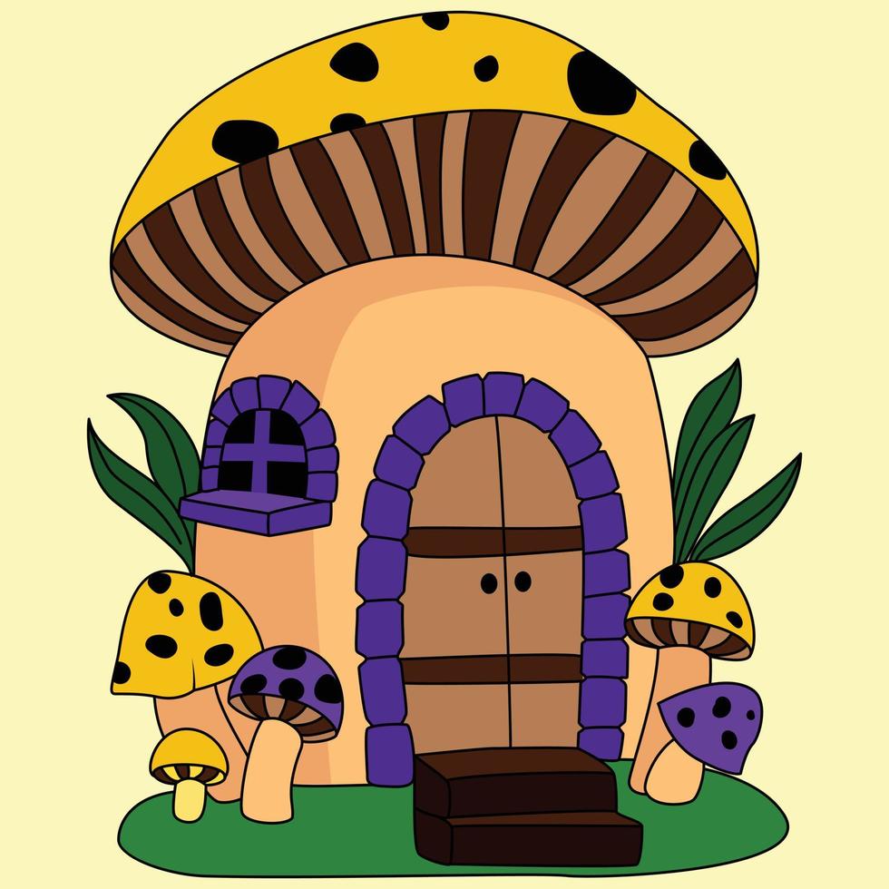 A cute mushroom house with leaves and little mushroom decorated coloring illustration vector artwork