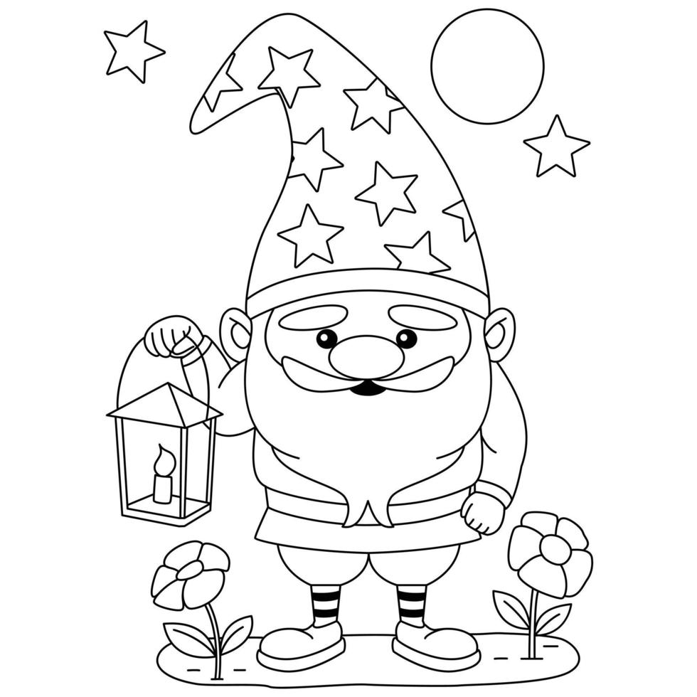 dibujos para colorear de un simpático gnomo con una lámpara de vela, una flor y un gorro con forma de estrella vector