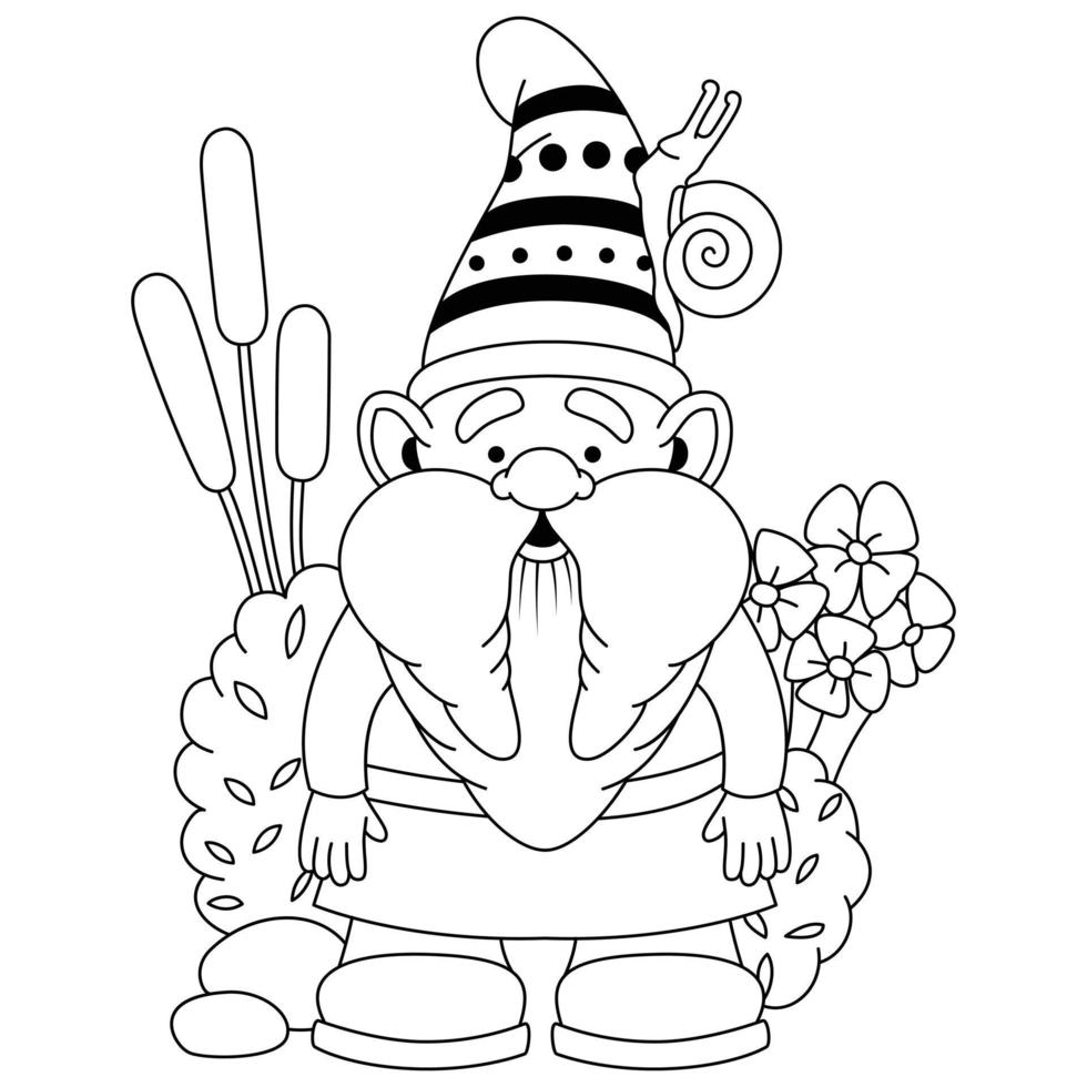A cute Gnome and his adorable snell on his hat with flower decoration outline coloring pages vector