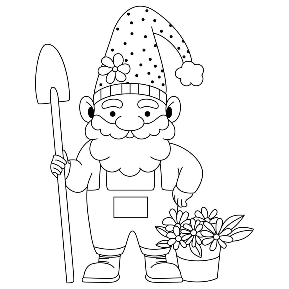 A cute Gnome with a shovel flower bucket and polka dot pattern hat outline artwork coloring pages vector