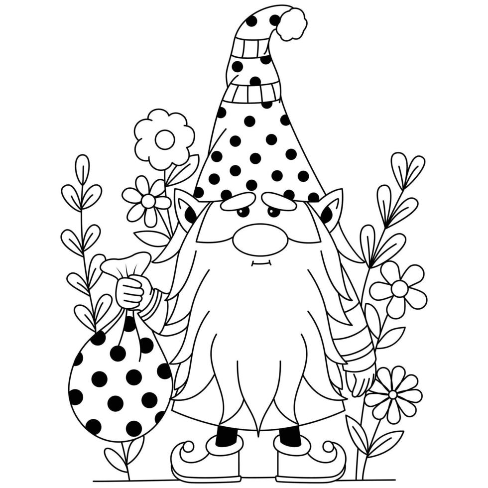 A cute Gnome holds a coin bag with some flower decoration outline coloring pages vector