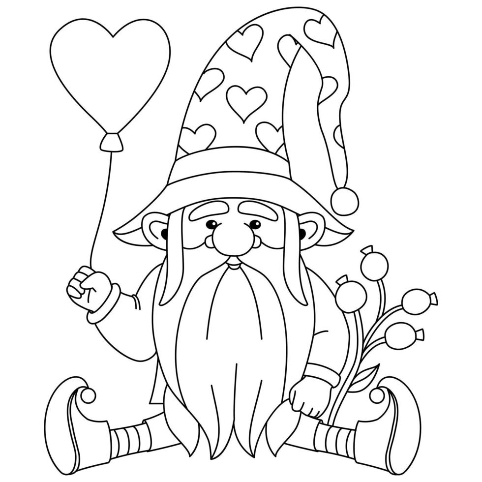 un gnomo sentado con un globo en forma de corazón y un sombrero con patrón de amor esboza ilustraciones para colorear vector