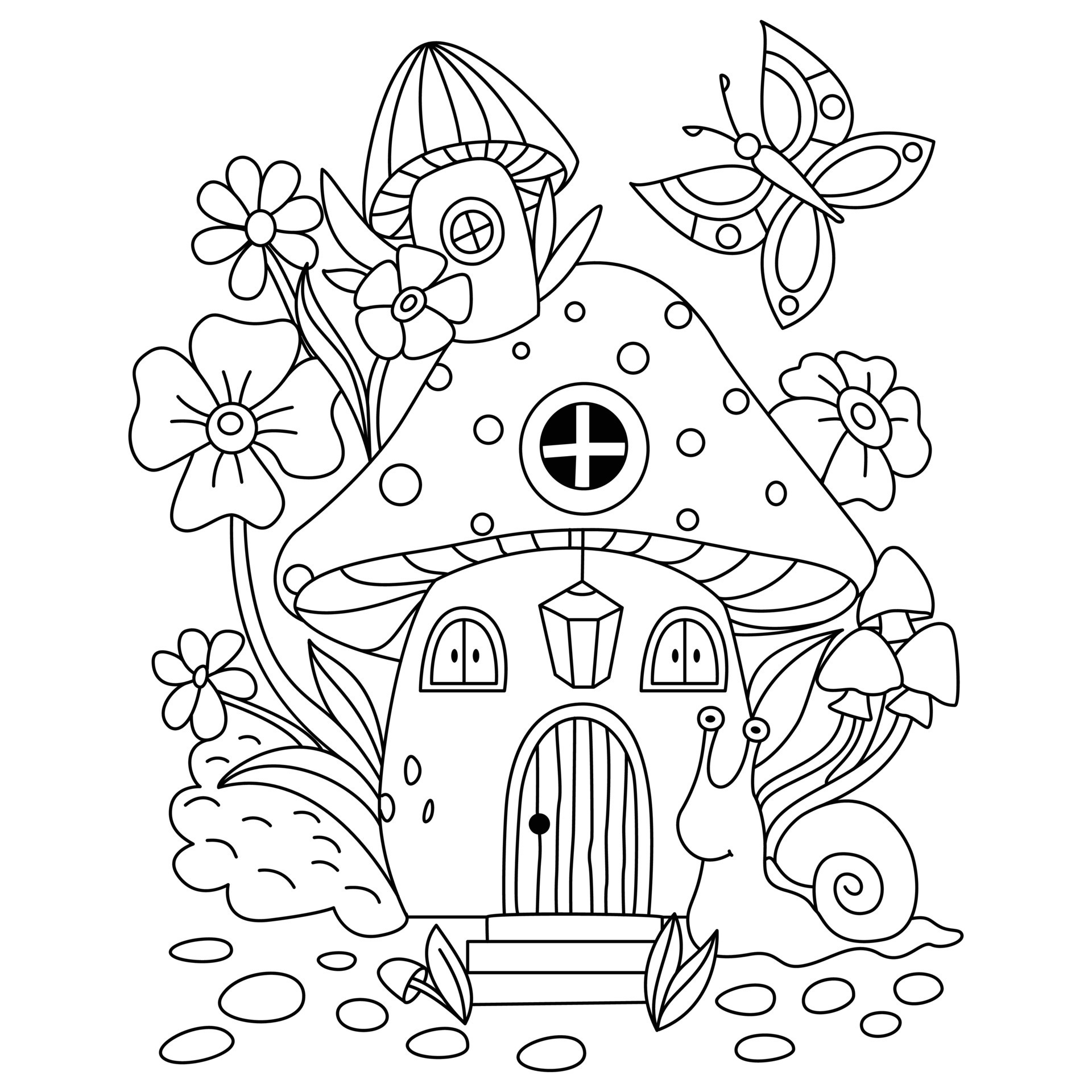 Cute Mushroom House With Flowers Decoration Snell And Butterfly Outline Cute Mushroom House With Flowers Decoration Snell And Butterfly Outline