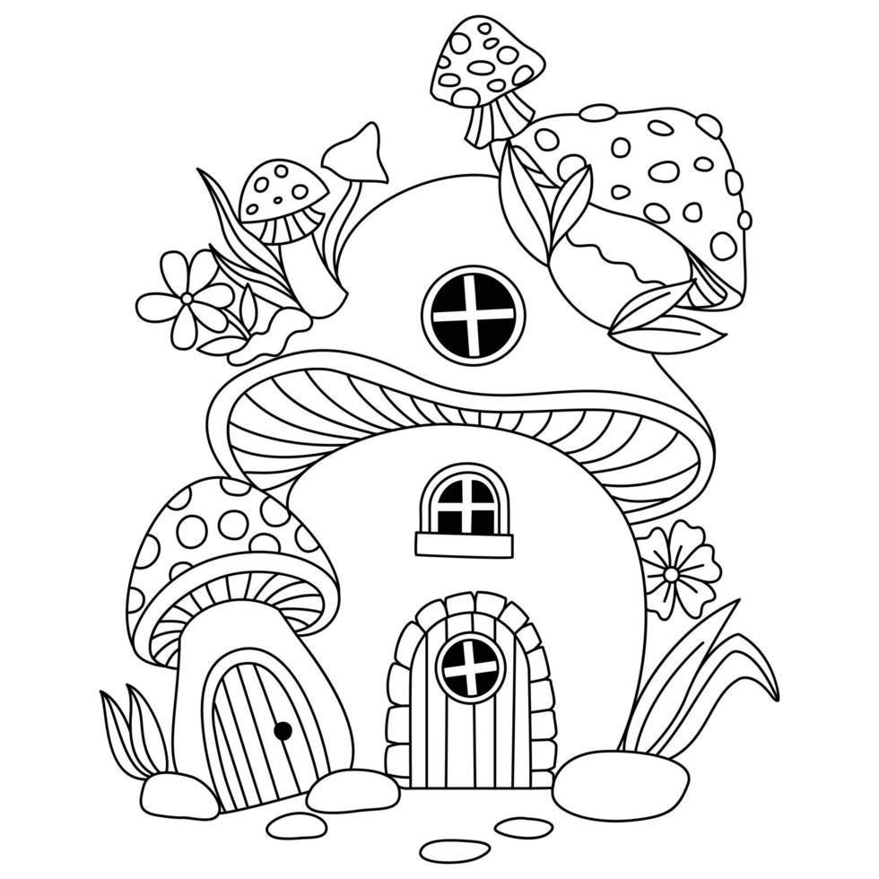 Mushroom house and flowers on the top outline artwork coloring pages vector