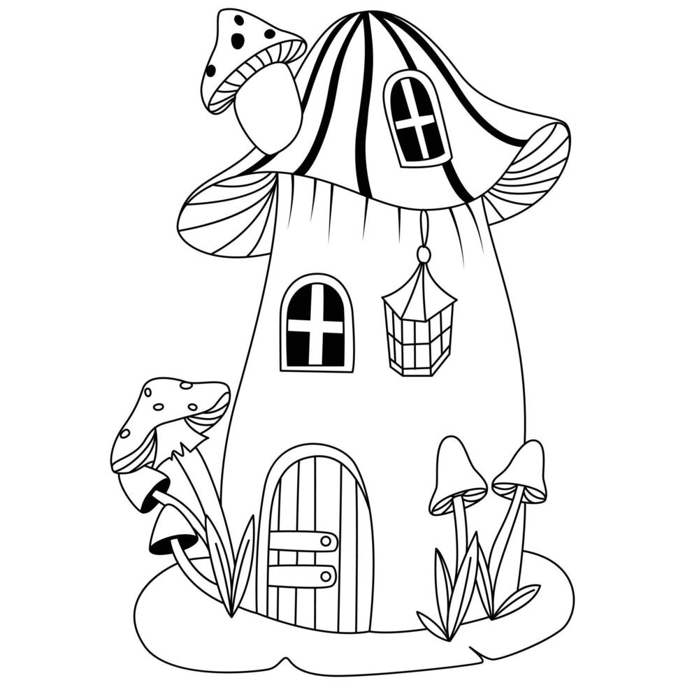 Cute mushroom house outline artwork coloring pages vector