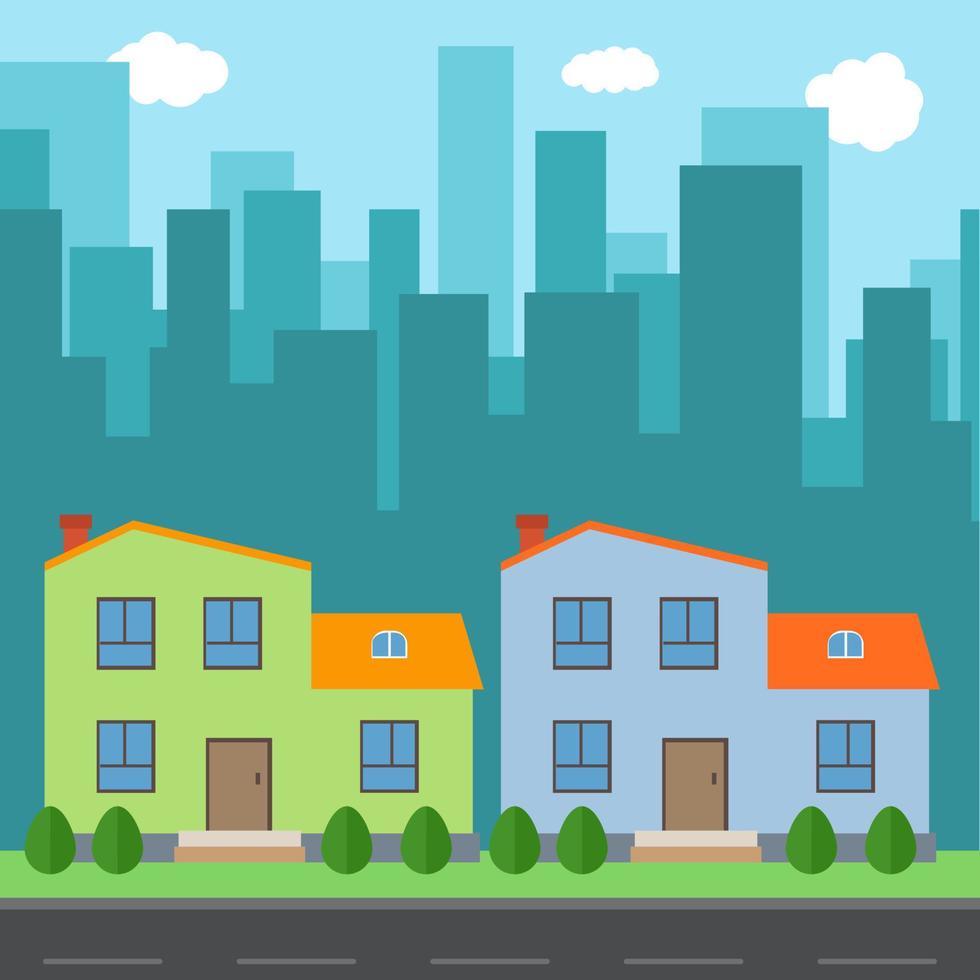 Vector city with cartoon houses and buildings. City space with road on flat syle background concept. Summer urban landscape. Street view with cityscape on a background