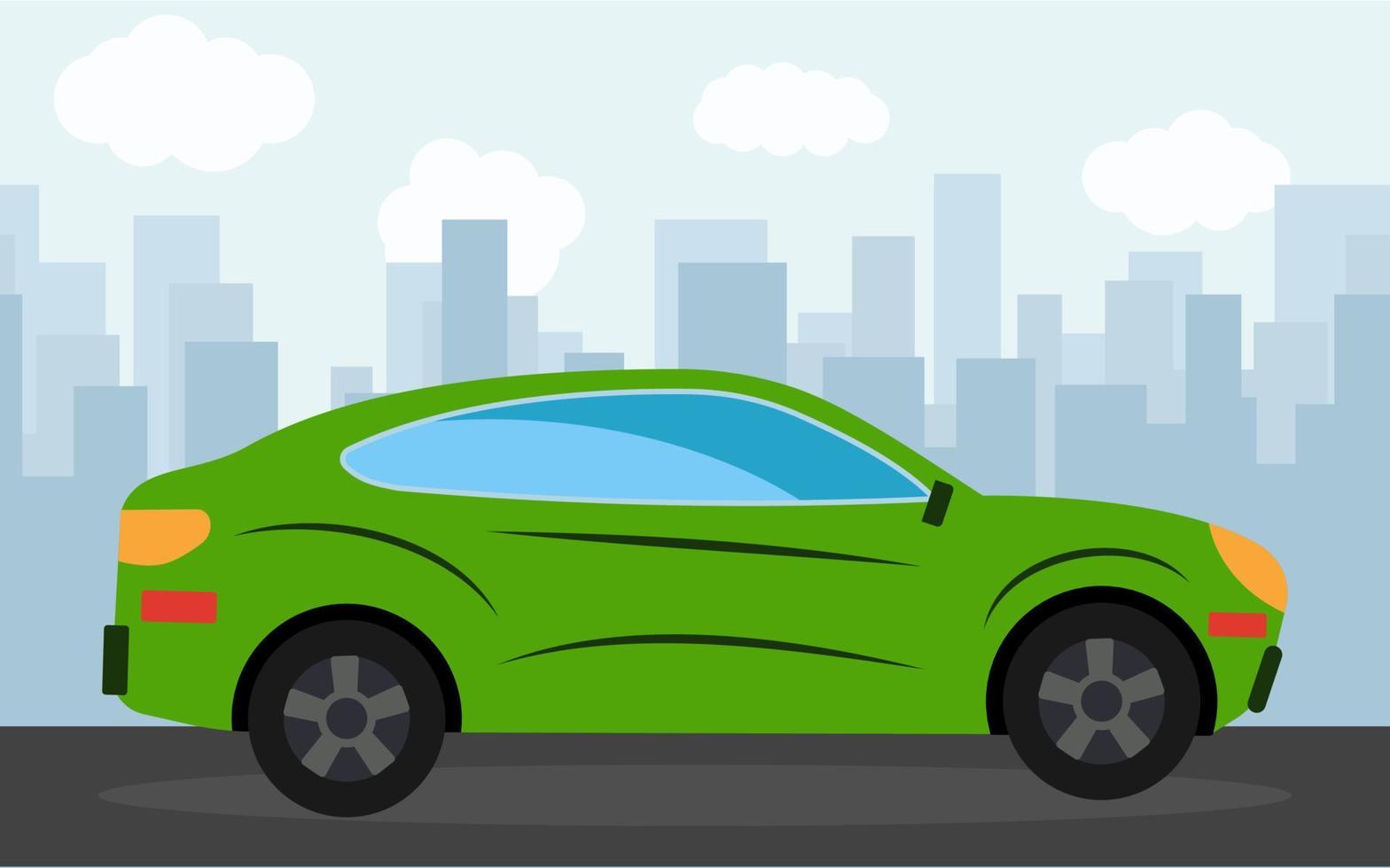 Green sports car in the background of skyscrapers in the afternoon. Vector illustration.