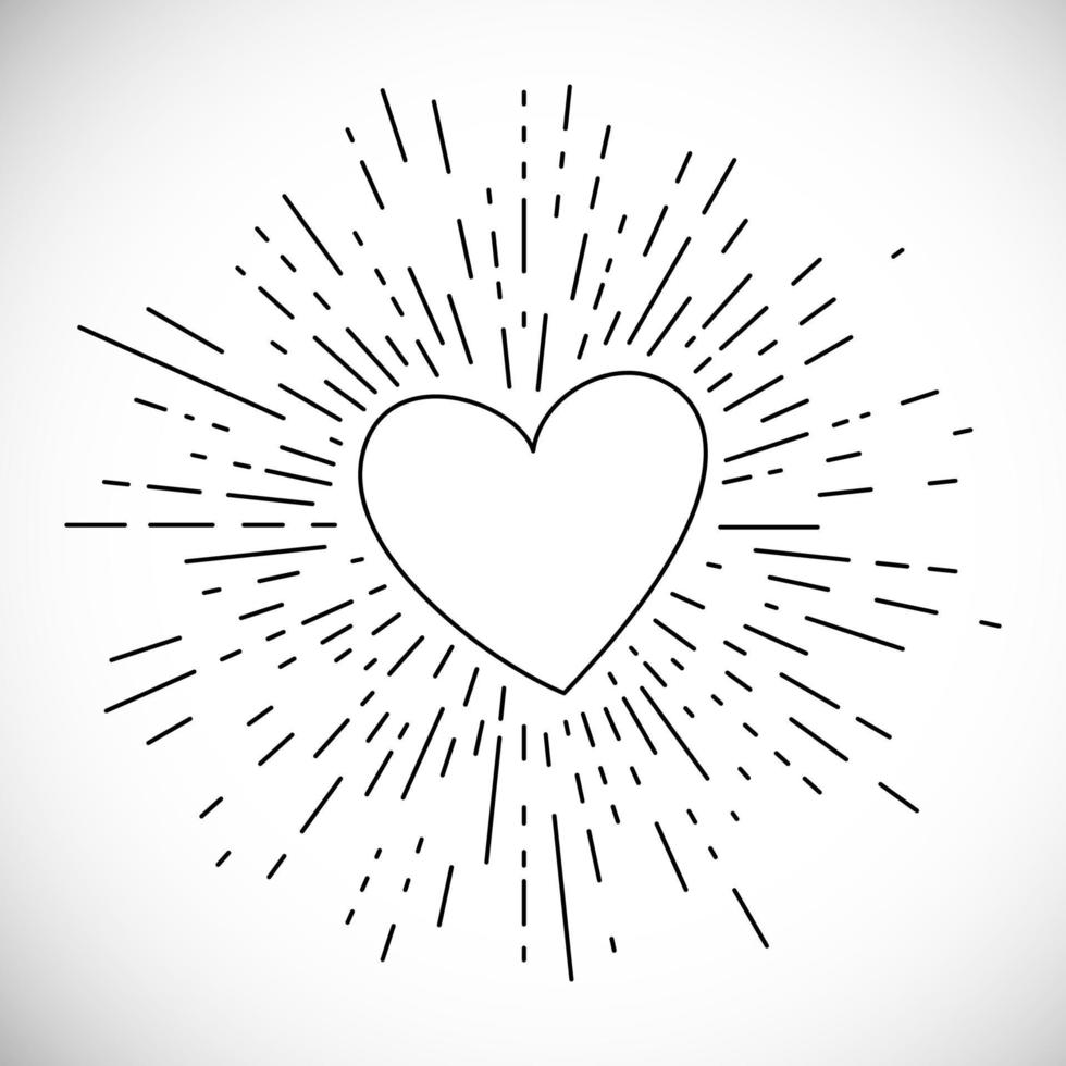 Heart with Hand Drawn Vintage Bursting Rays. Retro Design Element. Vector illustration