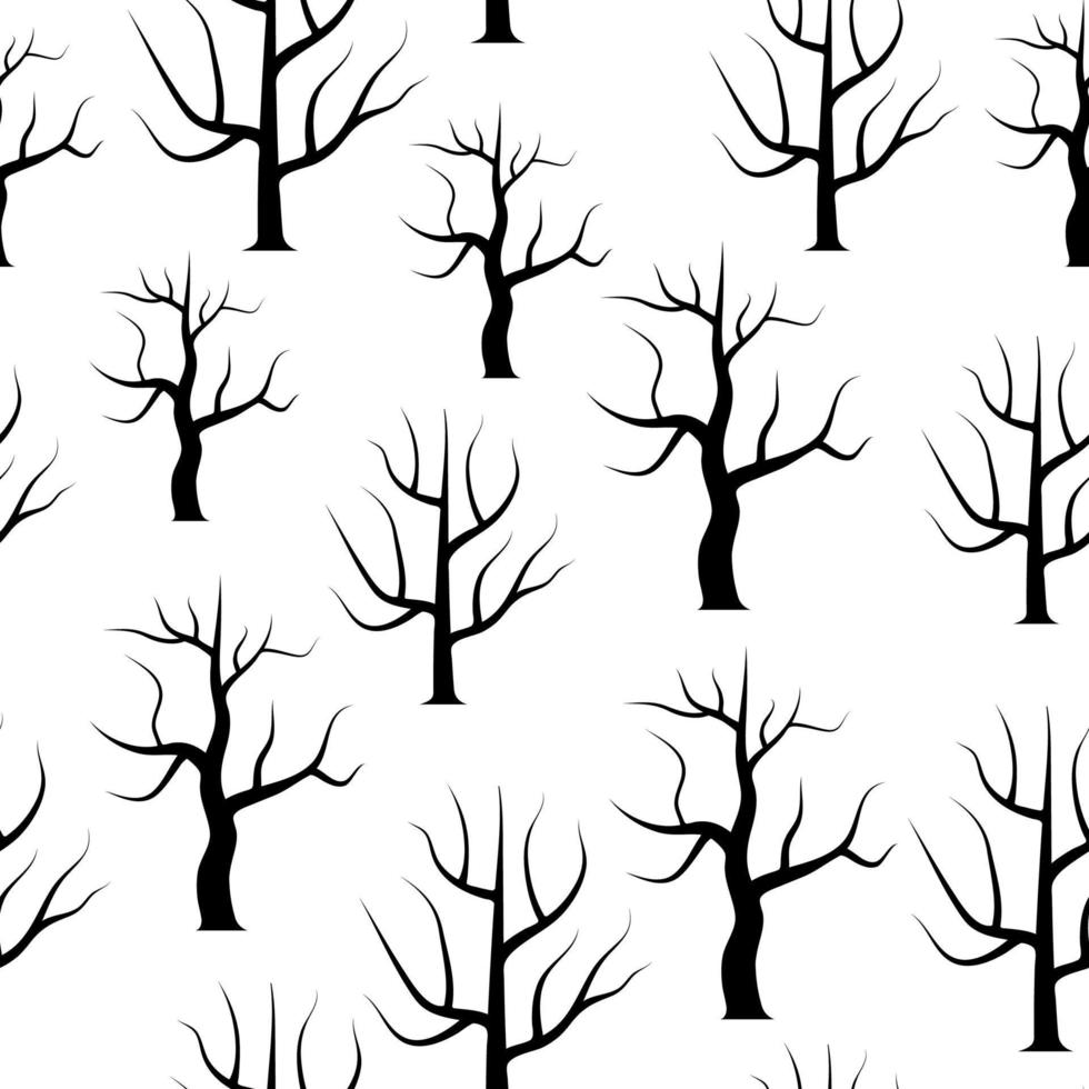 Seamless black and white curved trees without leaves backgrounds. Vector forest seamless texture.