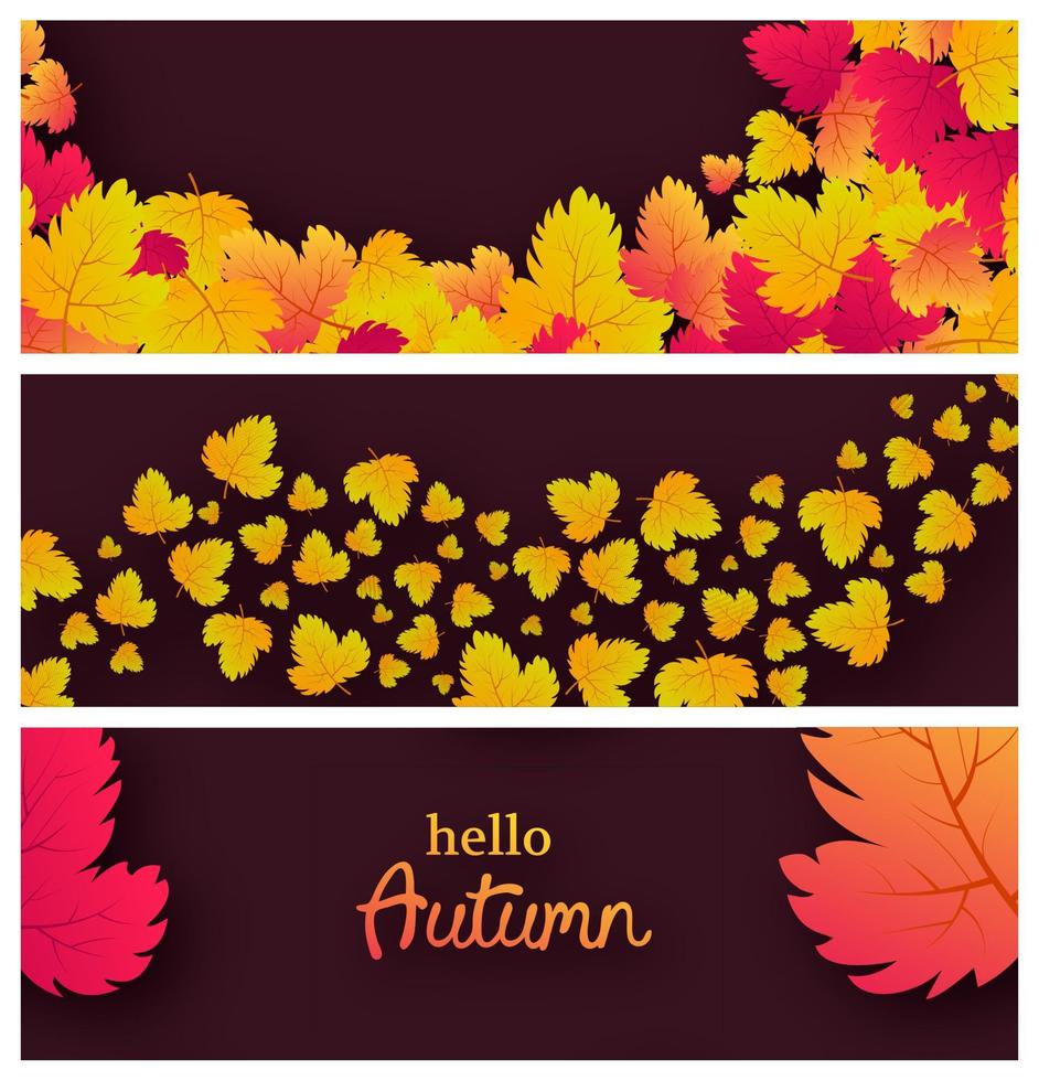 Set of three brown backgrounds with autumn leaves and place for your text. Banner design for fall season banner or poster. Vector illustration