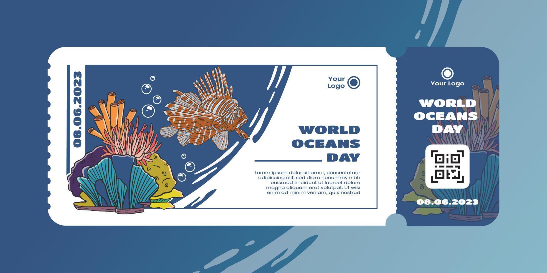 plantilla de boleto con animales marinos de indonesia ilustración dibujada a mano vector