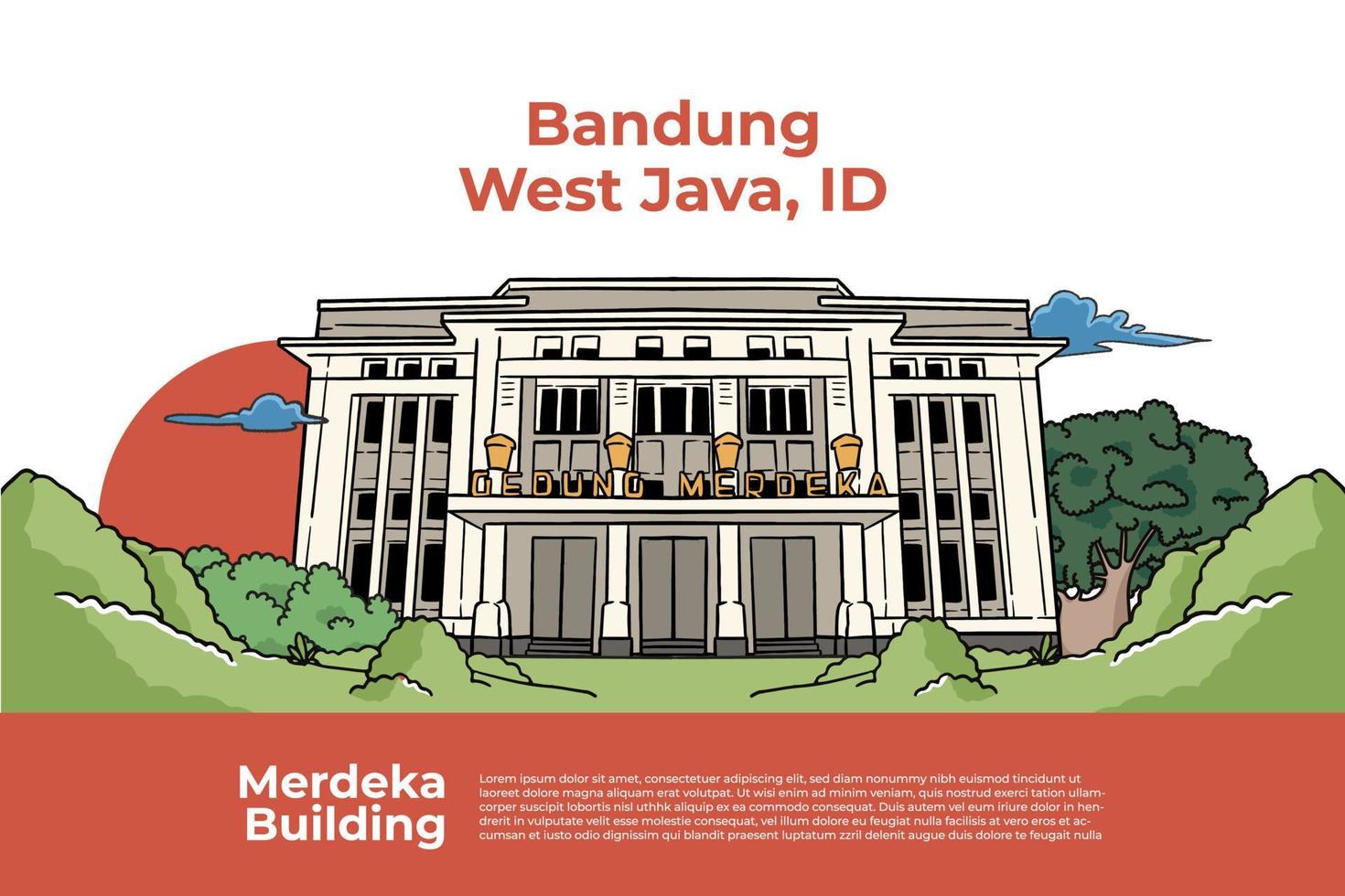 Merdeka Building Illustration historic building of the Non-Aligned Movement. Hand drawn Indonesian cultures background vector