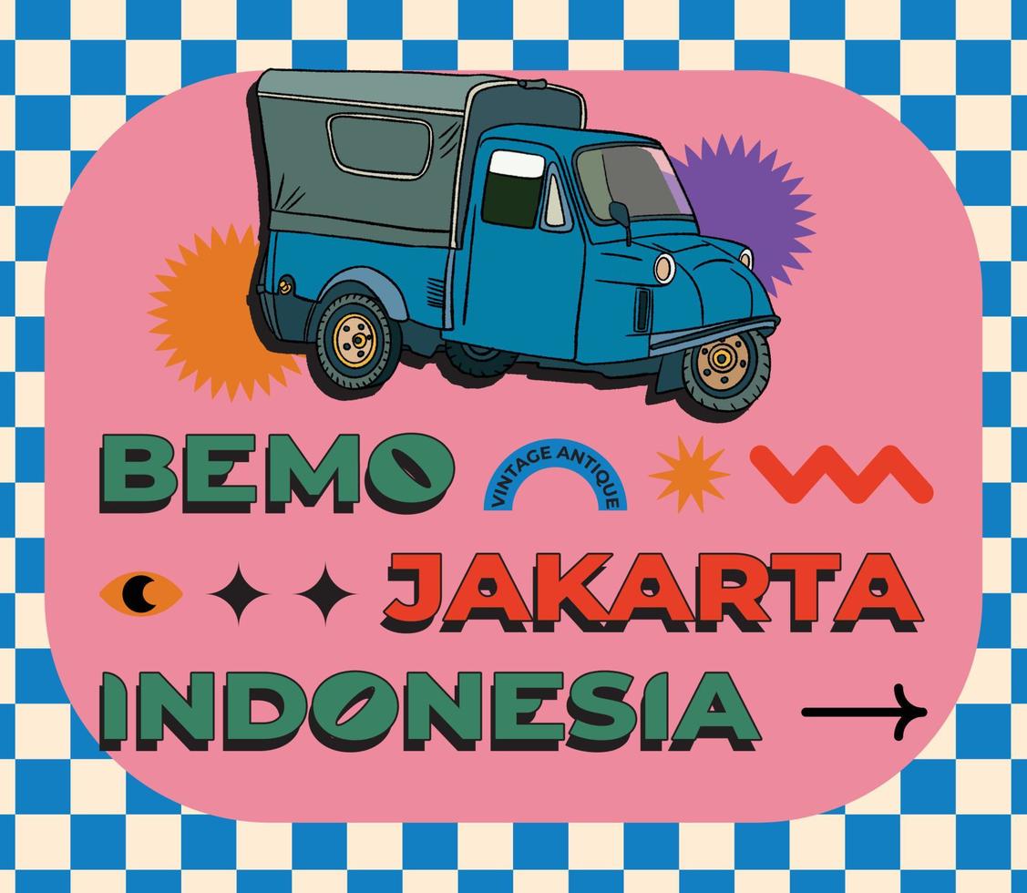 jakarta traditional transportation called bemo vintage handdrawn illustration vector
