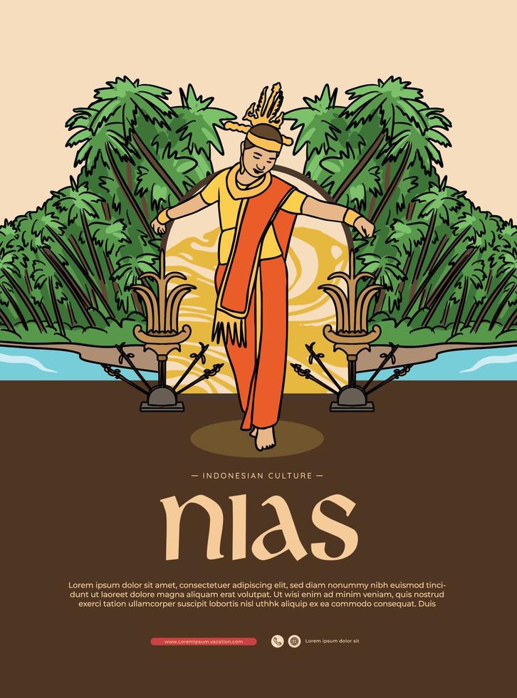 nias indonesia cultura fanari moyo baile dibujado a mano ilustración cartel diseño inspiración vector