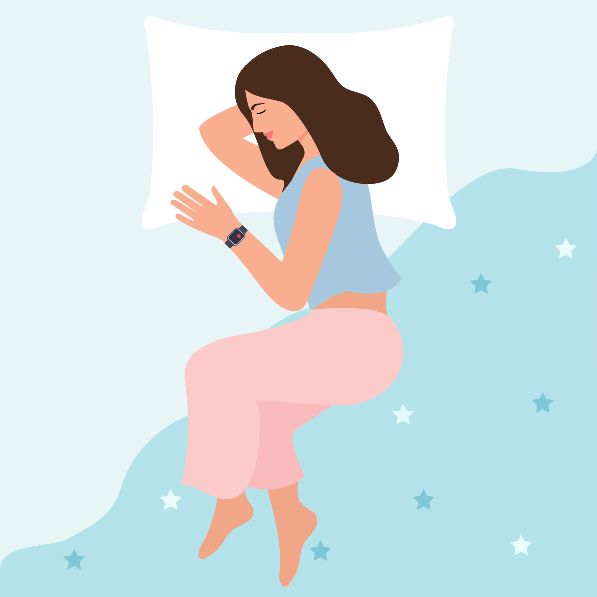 Premium Vector  Night rest and bedding time concept woman in pajama sleep  on bed lying side with pillow between legs girl sleeping