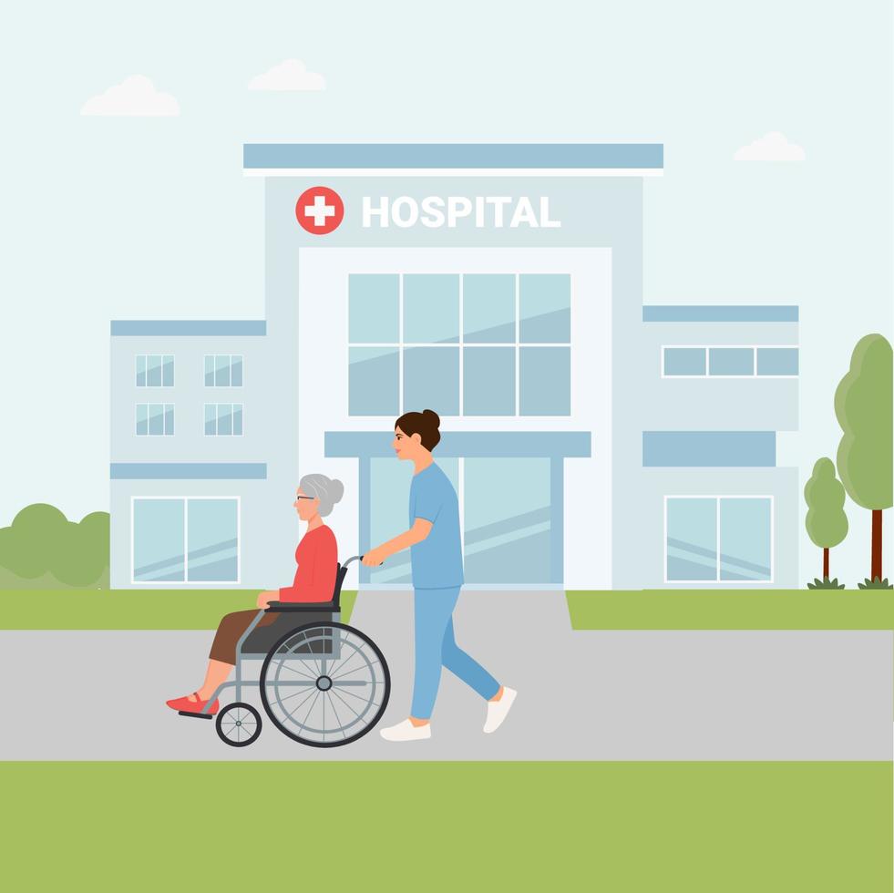 The hospital building is professional medical center. Modern Hospital hospital  Outdoor.Professional doctor on Clinic Backdrop. Vector Flat Cartoon Illustration