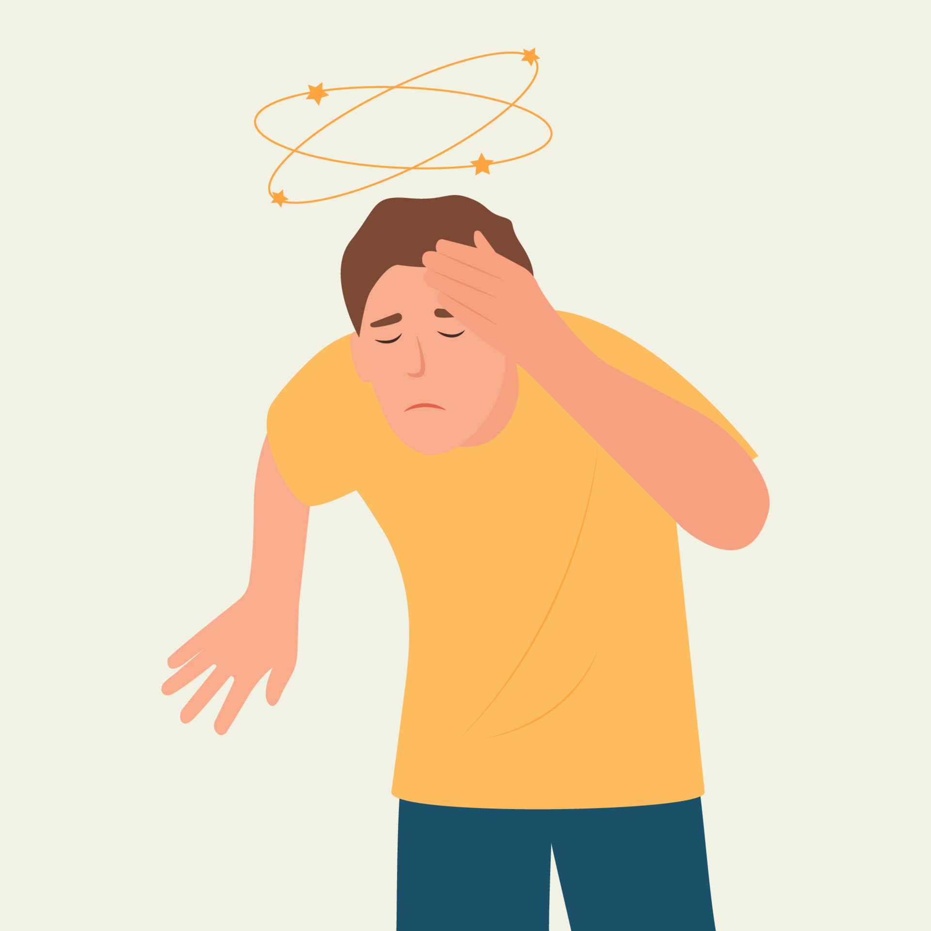Dizziness. Man with closed eyes holds his hand on head, stars spin
