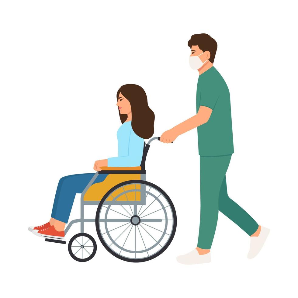 A male nurse in mask pushing a wheelchair for an  woman. Girl with disability. Equal opportunities concept. Handicapped character. Vector illustration.