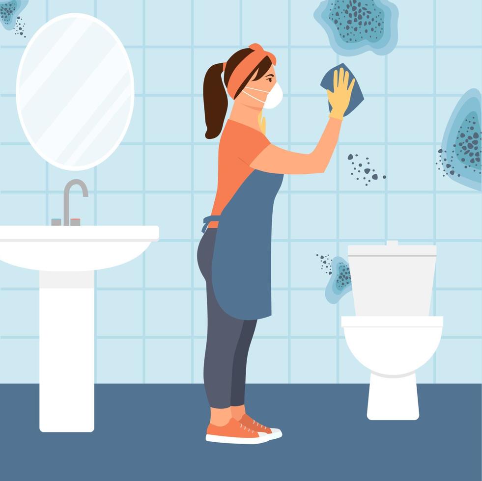 Woman  in a respiratory safety mask cleans dirty wall in bathroom with rag. Toxic mold spores, health hazard. Humidity in the bathroom. Means for removing fungi and bacteria. Flat vector illustration.