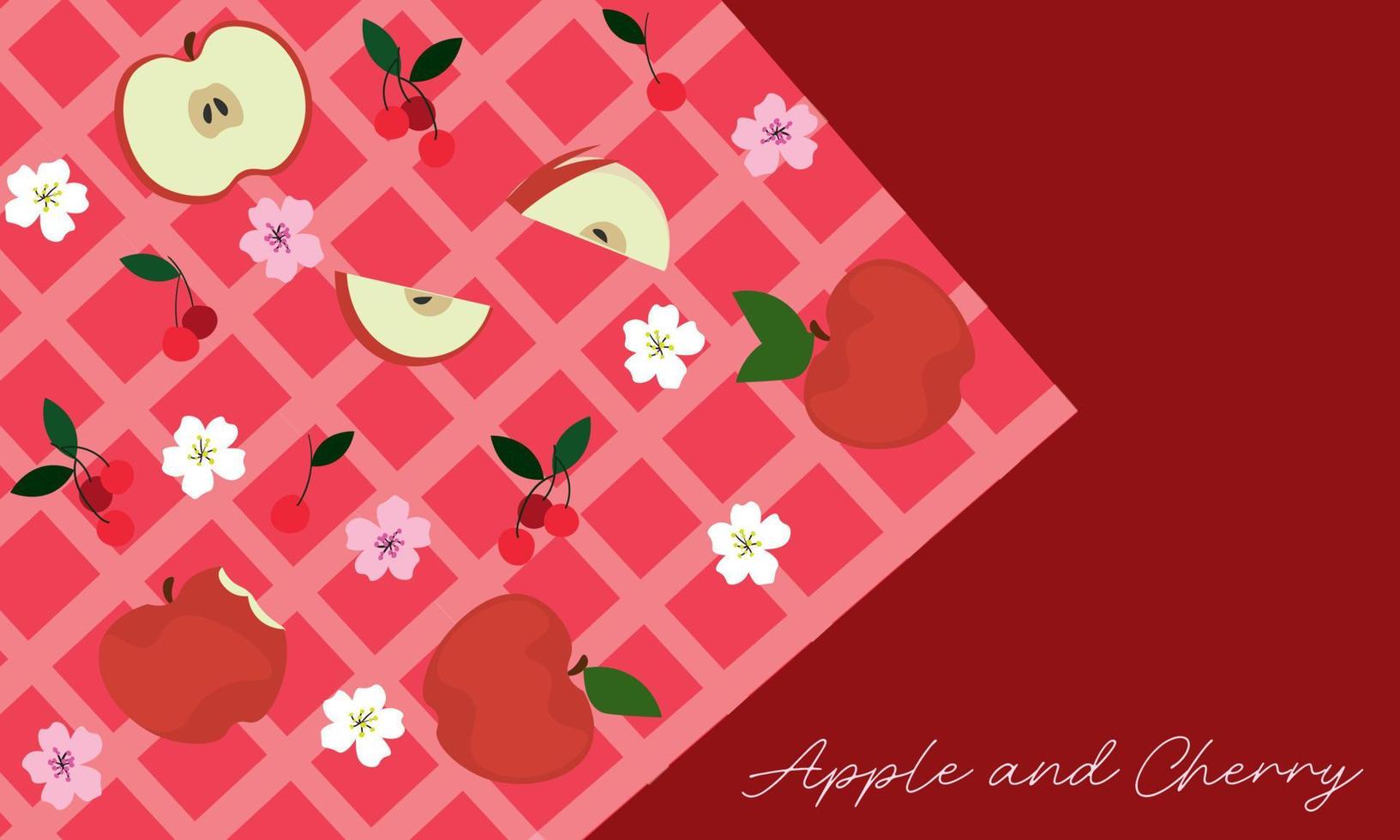 Gingham seamless pattern with apples, cherries, and flower blossom. vector