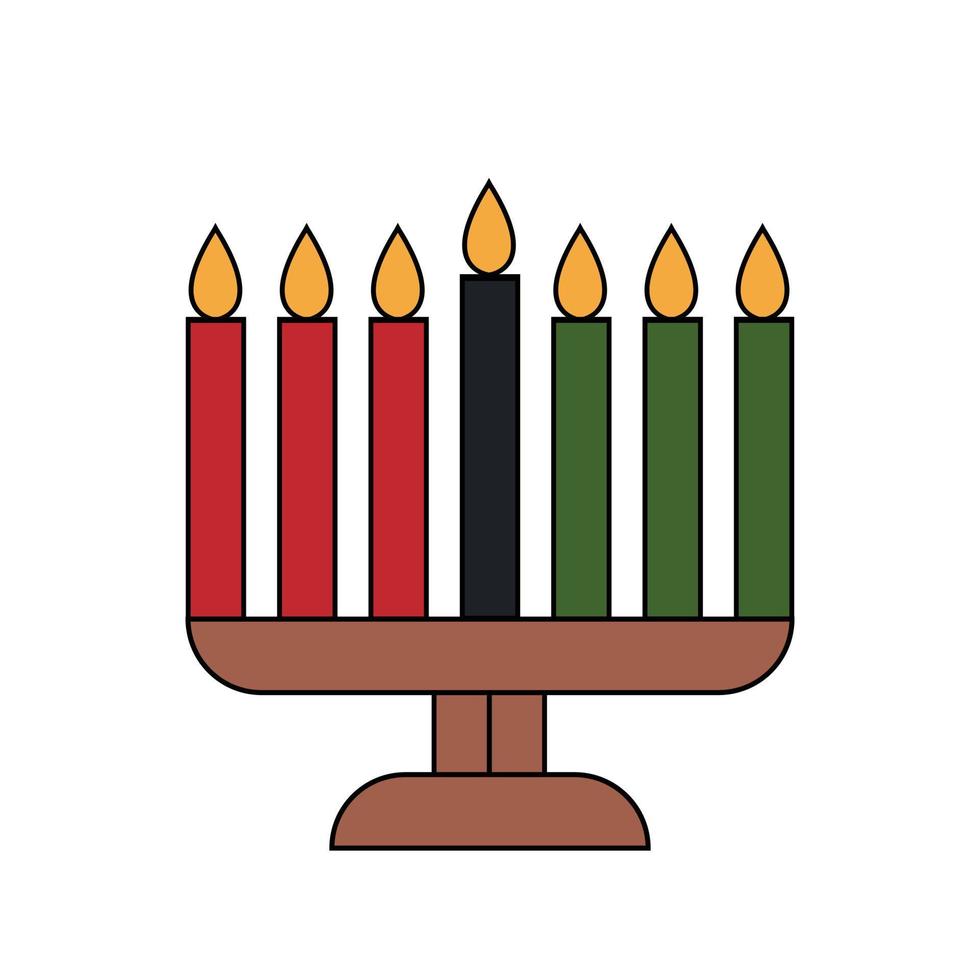 Simple minimalist outline with color icon of Kwanzaa kinara - candle holder menorah with seven candles. Vector illustration isolated on white background. Kwanza clipart