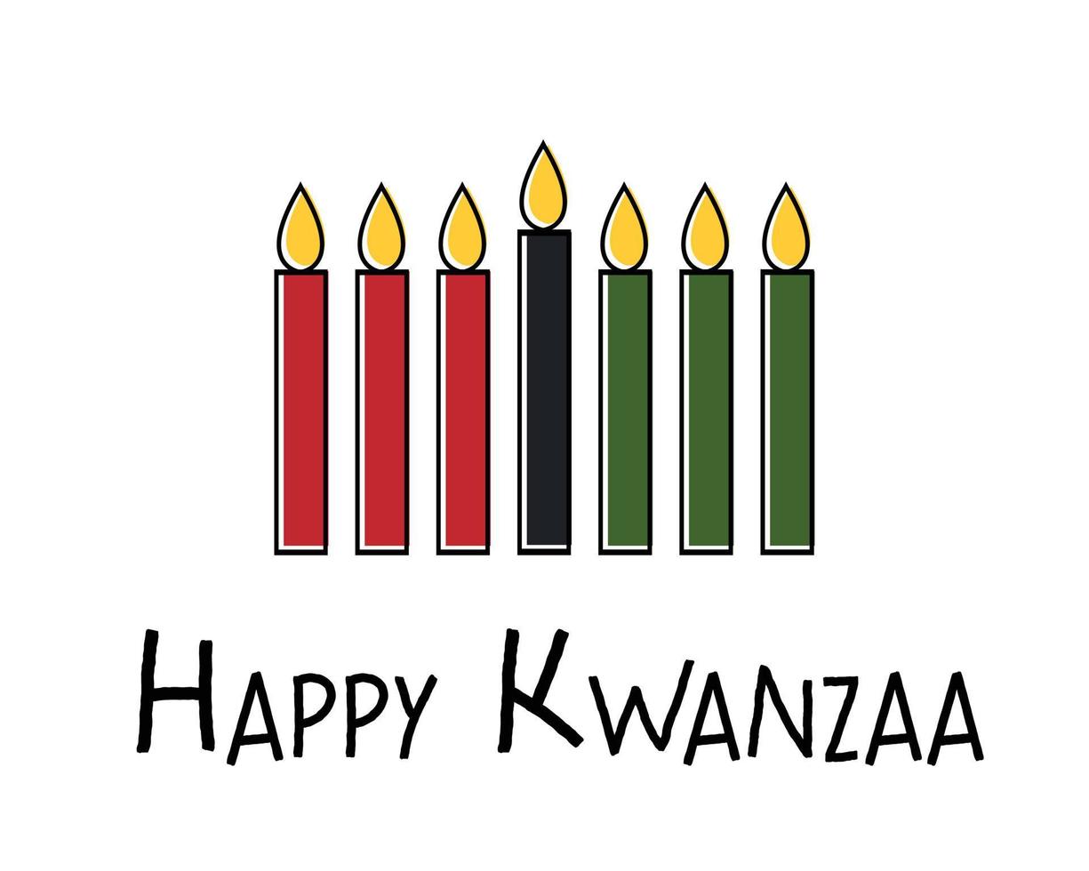 Happy Kwanzaa greeting card with text, seven candles in traditional African colors - red, black, green. Simple vector illustration isolated on white background. Banner design