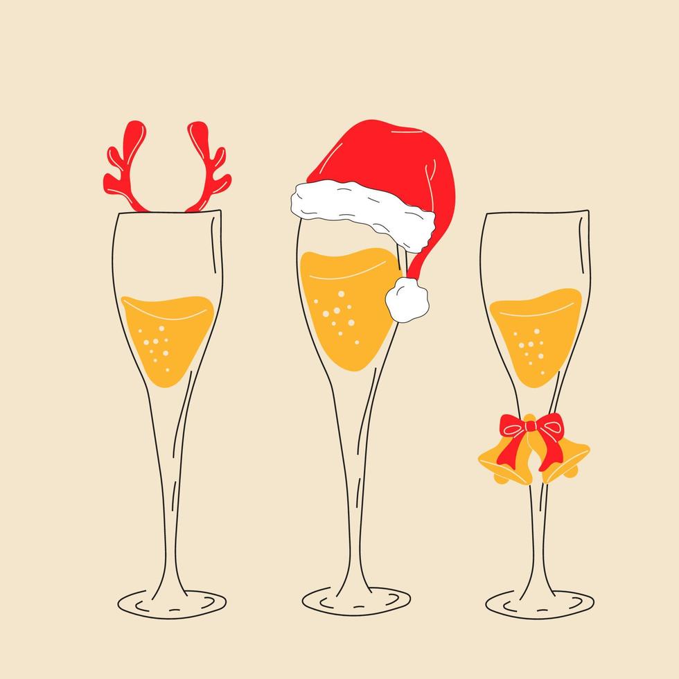 Champagne glasses with Christmas accessories. Santa hat, deer horns, bells vector
