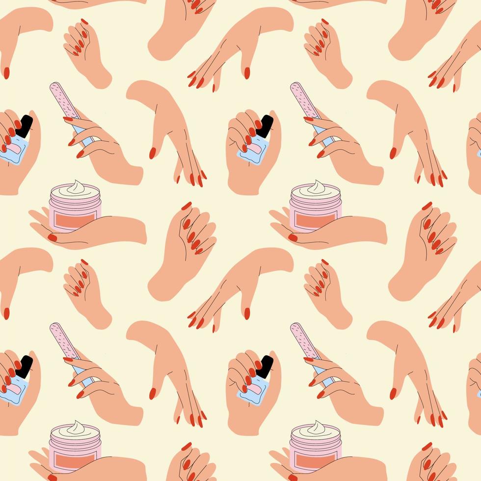 Seamless pattern with hand manicure and care. illustrations for nail cosmetics and beauty spa salon. Hands paint, file nails, holding polish and cream, vector set