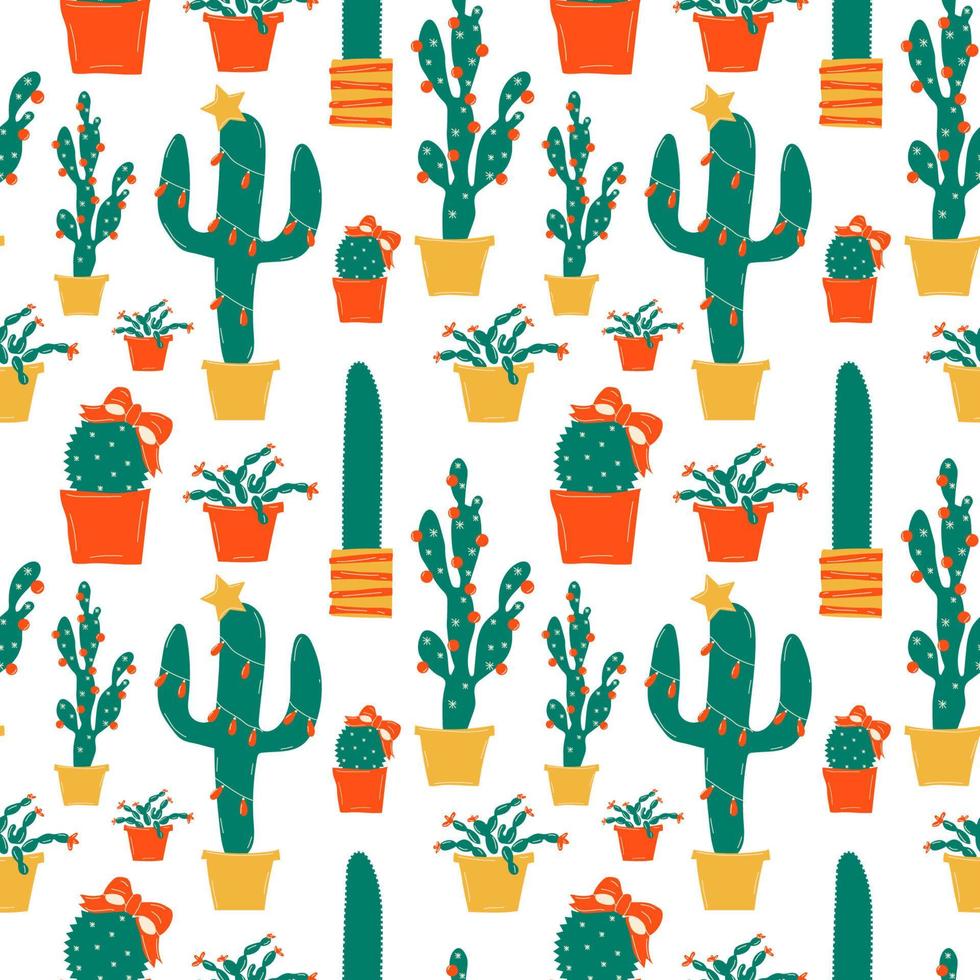 Seamless pattern with Winter holiday decorations. Christmas cactus, scandinavian style branches and xmas tree toys. Leaves, red berries and cacti with festive garlands vector clipart