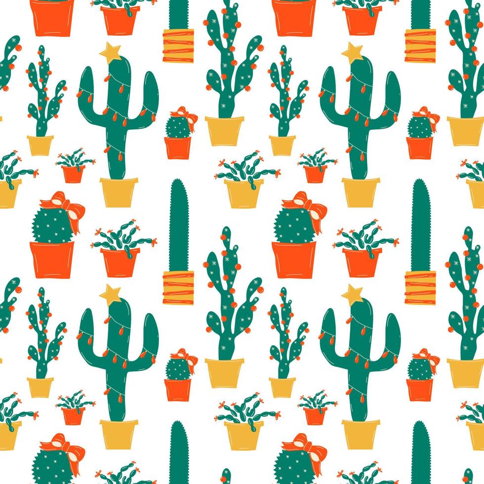 patrón sin costuras con decoraciones de vacaciones de invierno. cactus de navidad, ramas de estilo escandinavo y juguetes de árbol de navidad. hojas, bayas rojas y cactus con guirnaldas festivas vector clipart