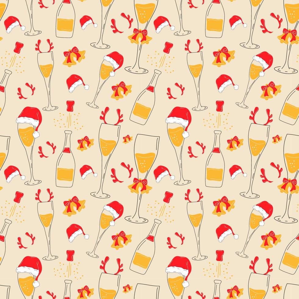 Seamless pattern with Champagne glasses with Christmas accessories. Santa hat, deer horns, bells vector