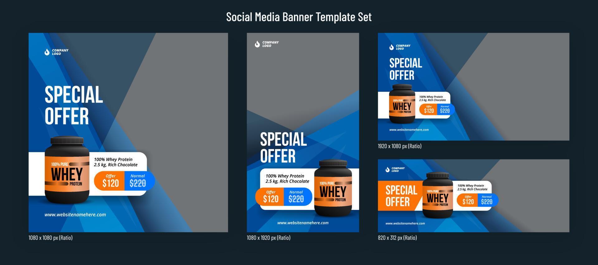 Gym fitness product promotion social media post template square banner set vector