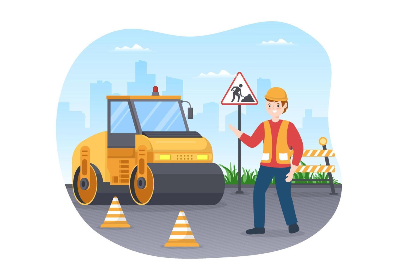 Road Construction and Highway Maintenance Workers Working on Asphalt Roads with Drilling Machine on Flat Cartoon Hand Drawing Template Illustration vector