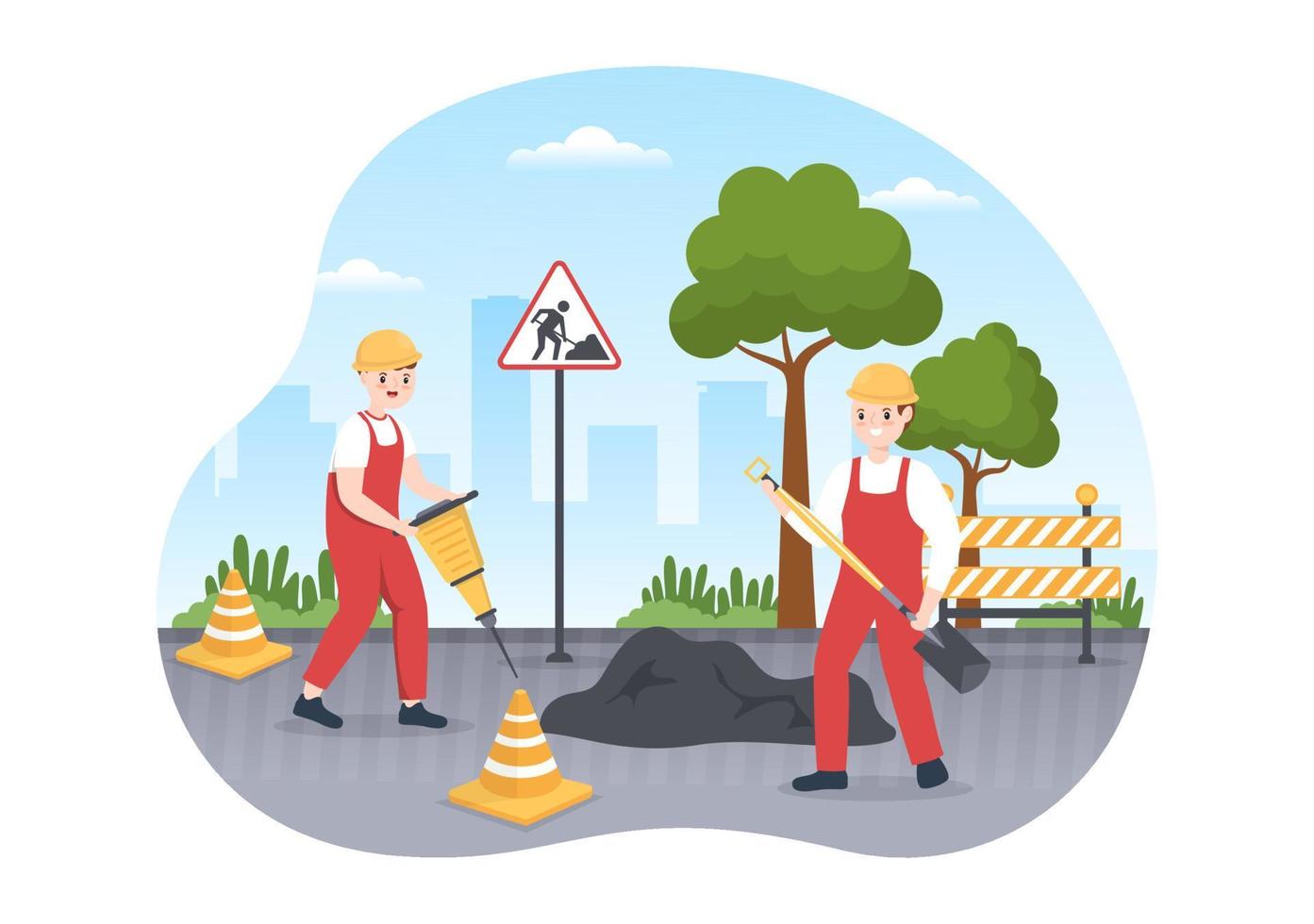 trabajadores de construcción de carreteras y mantenimiento de carreteras que trabajan en carreteras asfaltadas con máquina perforadora en ilustración de plantilla de dibujo a mano de caricatura plana vector