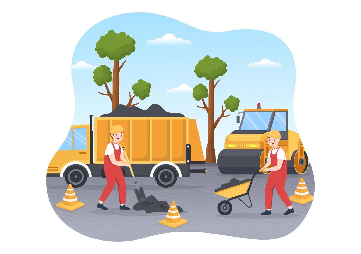 trabajadores de construcción de carreteras y mantenimiento de carreteras que trabajan en carreteras asfaltadas con máquina perforadora en ilustración de plantilla de dibujo a mano de caricatura plana vector