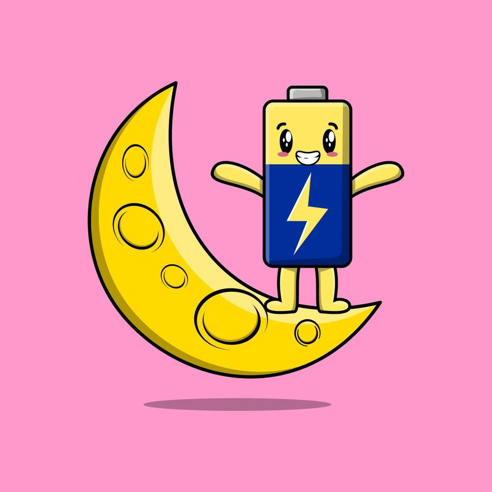 cartoon Battery character stand on crescent moon vector