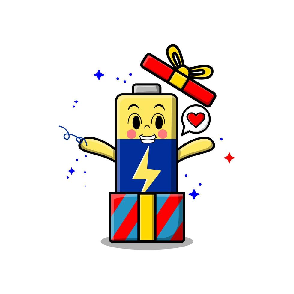 Cute cartoon Battery character holding gift box vector